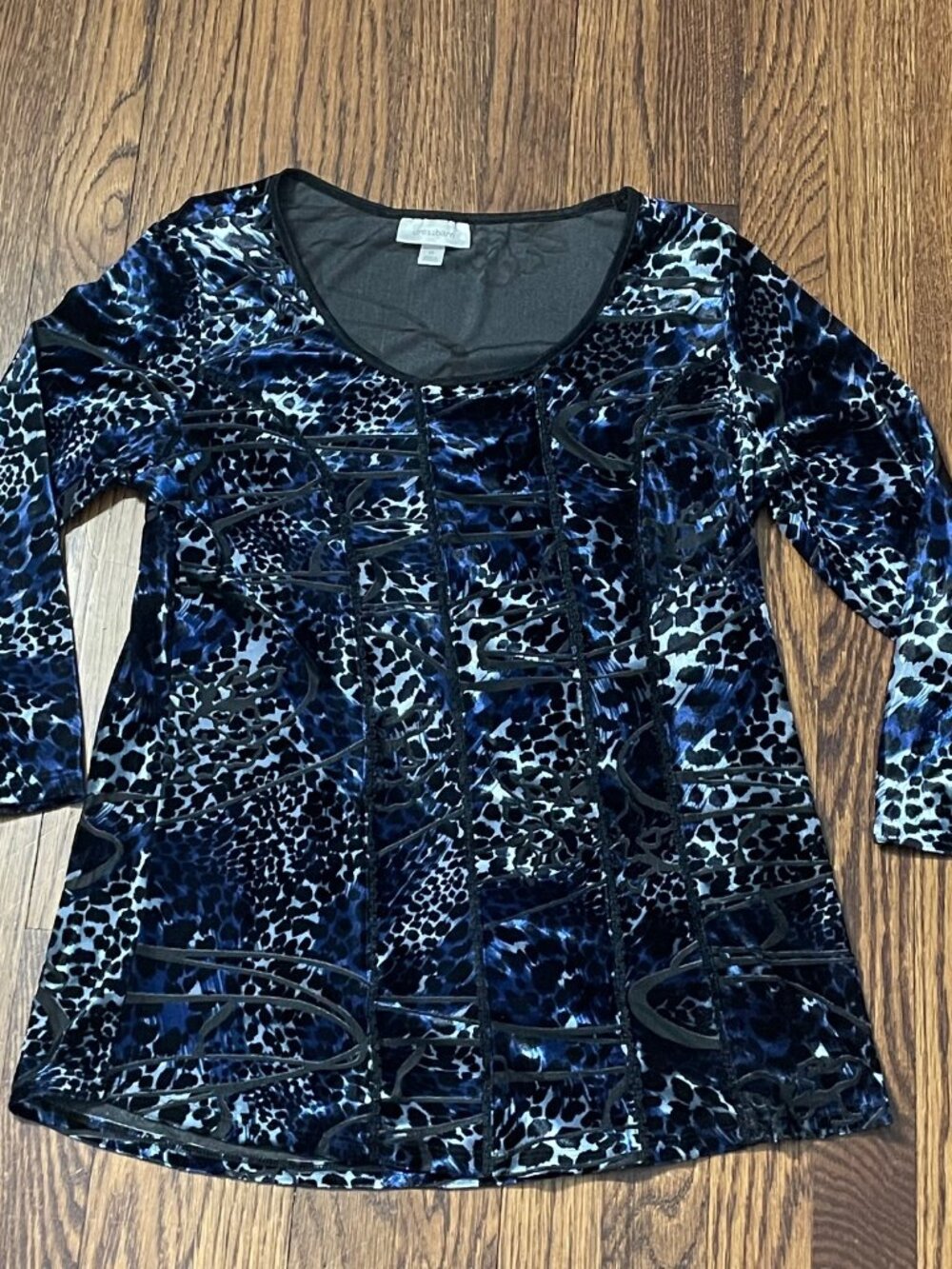 Dressbarn Top Womens M Blue Black Velvet Animal Print Whimsigoth Fairy Witchy